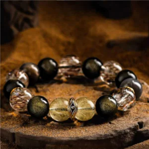 Black Obsidian Rutilated Quartz Bracelet - Volcanic Protection & Mental Clarity