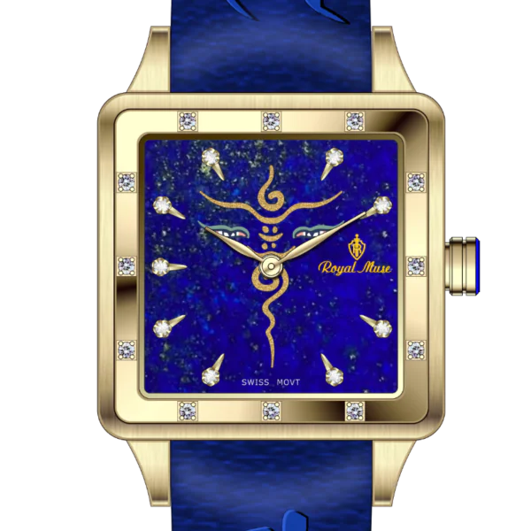 Royal Muse Blue Awakening Lapis Lazuli Medicine Buddha Watch Royal Muse Blue Awakening watch with lapis lazuli dial, Medicine Buddha-inspired motif and gold-tone square case