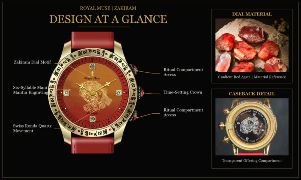 Zakiram Six-Syllable Mantra Engraving Detail Royal Muse Zakiram Six-Syllable Mantra bezel engraving and gradient red agate dial