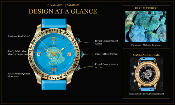 royal-muse-zakiram-turquoise-design-at-a-glance-exact Zakiram turquoise dial, mantra bezel and watch feature diagram