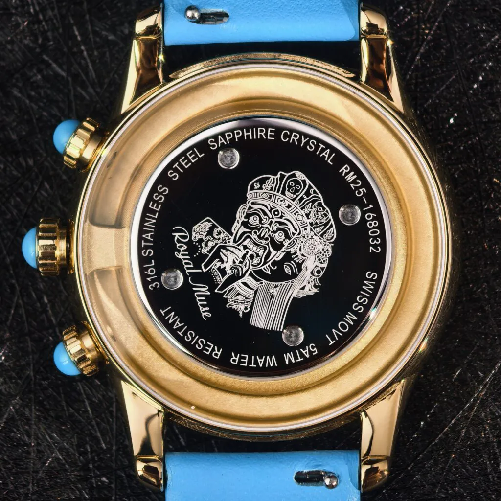 Zakiram turquoise watch transparent caseback offering compartment detail