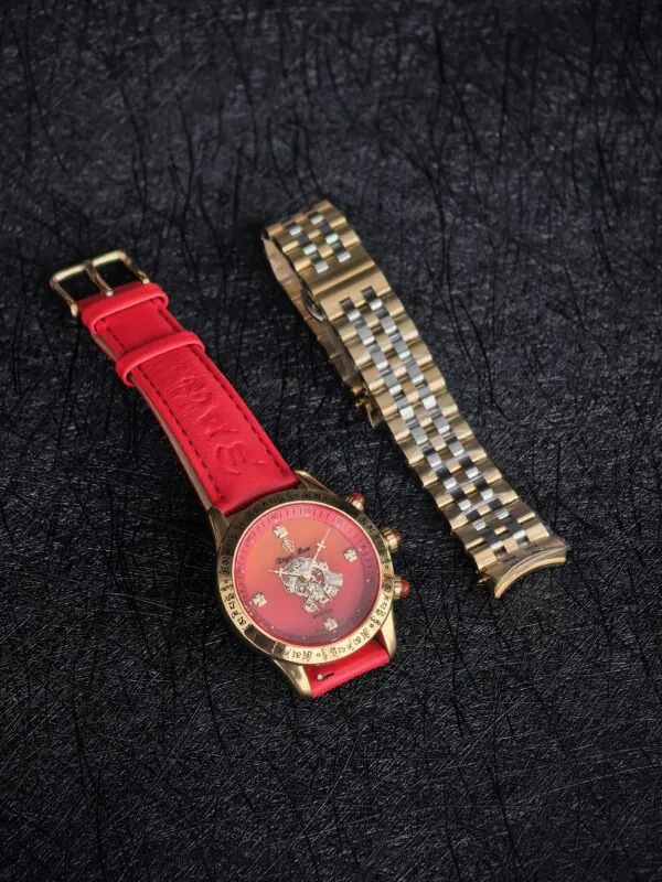 Zakiram Leather and Stainless-Steel Straps Close-up of the Royal Muse Zakiram red agate dial and circular Six-Syllable Mantra bezel engraving.