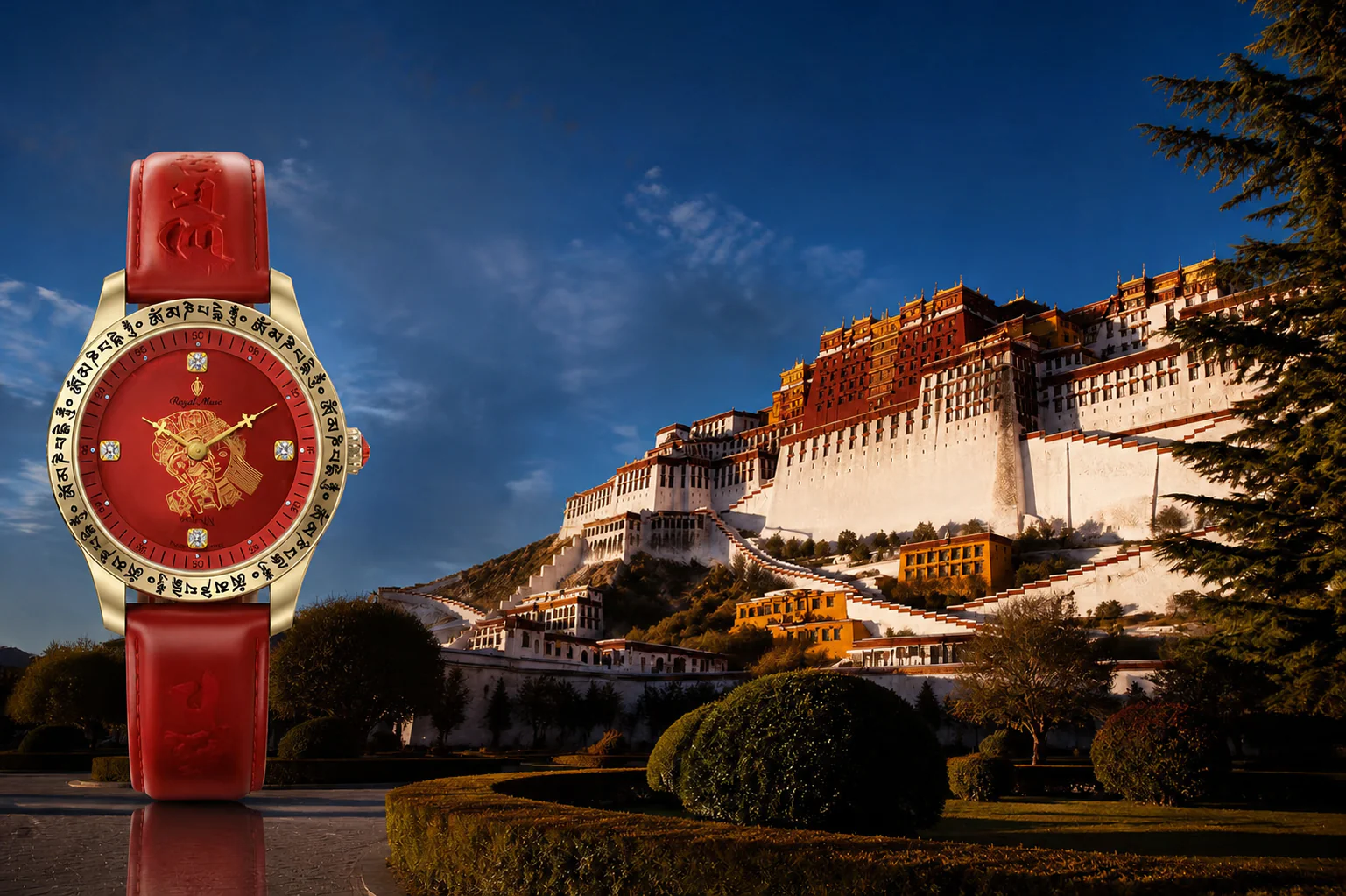 Royal Muse Zakiram red agate watch beside Tibetan architecture in a prosperity collection banner